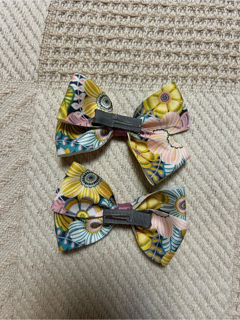 Floral Pattern Pink & Yellow Kids Hair Bows - Set of 2